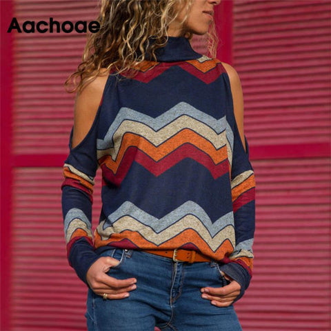 Women Blouses Sexy Cold Shoulder Tops Turtleneck Knitted Top Jumper Long Shirt