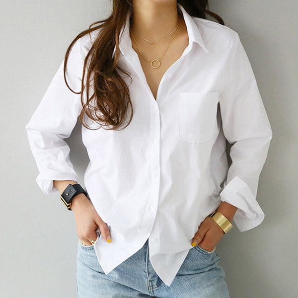 2019 Spring One Pocket Women White Shirt Female Blouse Tops Long Sleeve Casual