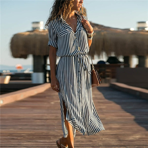 2019 Turn Down Collar Office Ladies Stripe Shirt Dress Long Beach Dress Casual