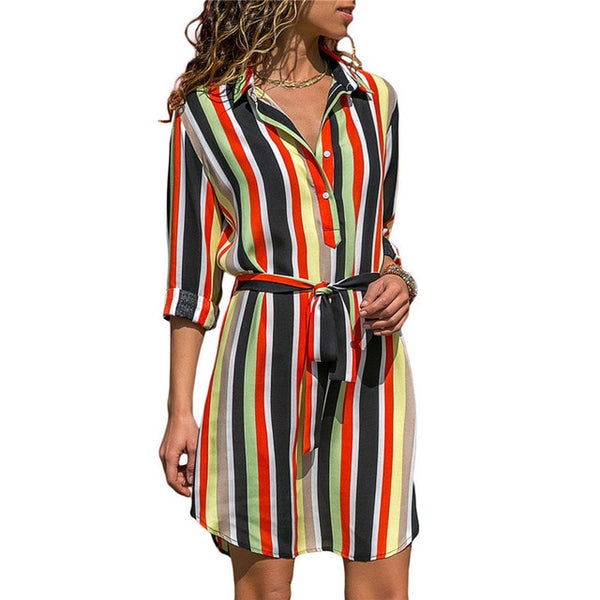 Long Sleeve Shirt Dress 2019 Summer Beach Dresses Women Casual Striped