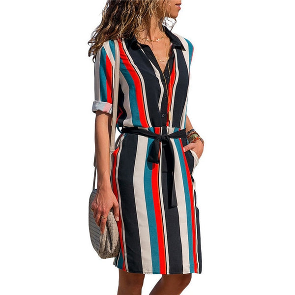 Long Sleeve Shirt Dress 2019 Summer Beach Dresses Women Casual Striped
