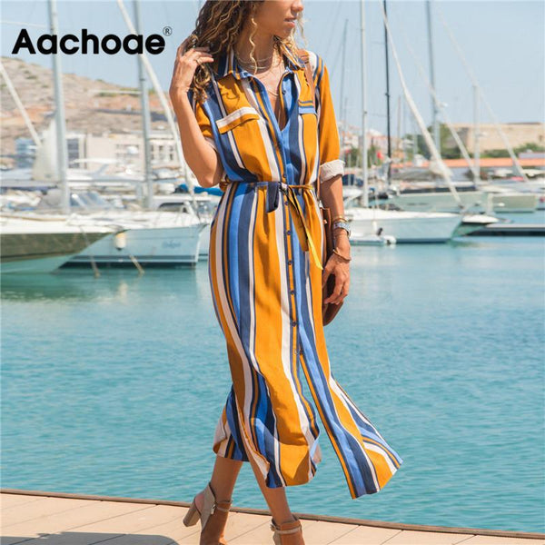 2019 Turn Down Collar Office Ladies Stripe Shirt Dress Long Beach Dress Casual