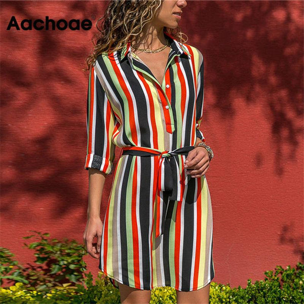 Long Sleeve Shirt Dress 2019 Summer Beach Dresses Women Casual Striped
