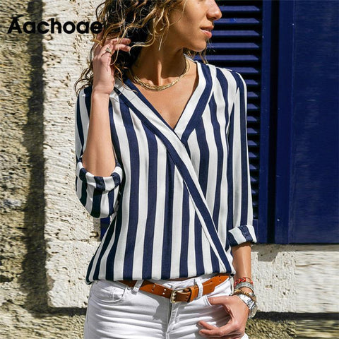 Women Striped Blouse Shirt Long Sleeve Blouse V-neck Shirts Casual Tops Blouse