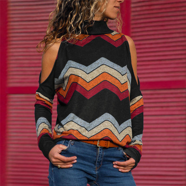 Women Blouses Sexy Cold Shoulder Tops Turtleneck Knitted Top Jumper Long Shirt