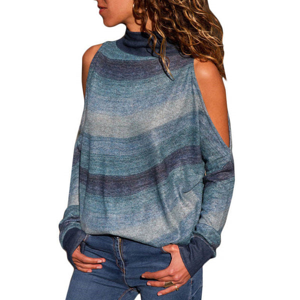 Women Blouses Sexy Cold Shoulder Tops Turtleneck Knitted Top Jumper Long Shirt