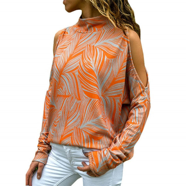 Women Blouses Sexy Cold Shoulder Tops Turtleneck Knitted Top Jumper Long Shirt