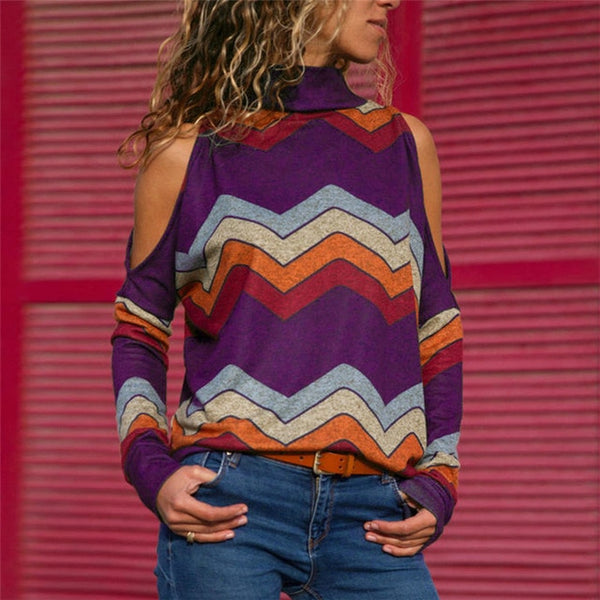 Women Blouses Sexy Cold Shoulder Tops Turtleneck Knitted Top Jumper Long Shirt