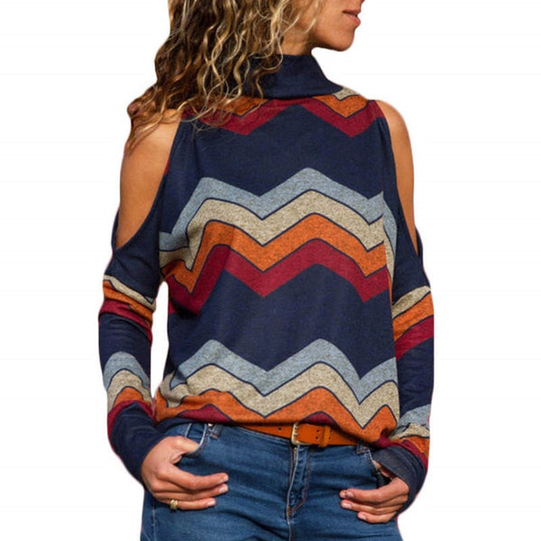 Women Blouses Sexy Cold Shoulder Tops Turtleneck Knitted Top Jumper Long Shirt