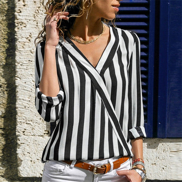 Women Striped Blouse Shirt Long Sleeve Blouse V-neck Shirts Casual Tops Blouse