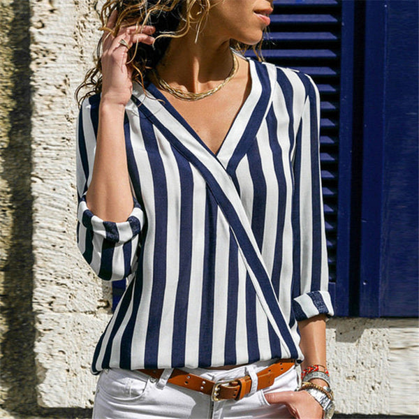 Women Striped Blouse Shirt Long Sleeve Blouse V-neck Shirts Casual Tops Blouse